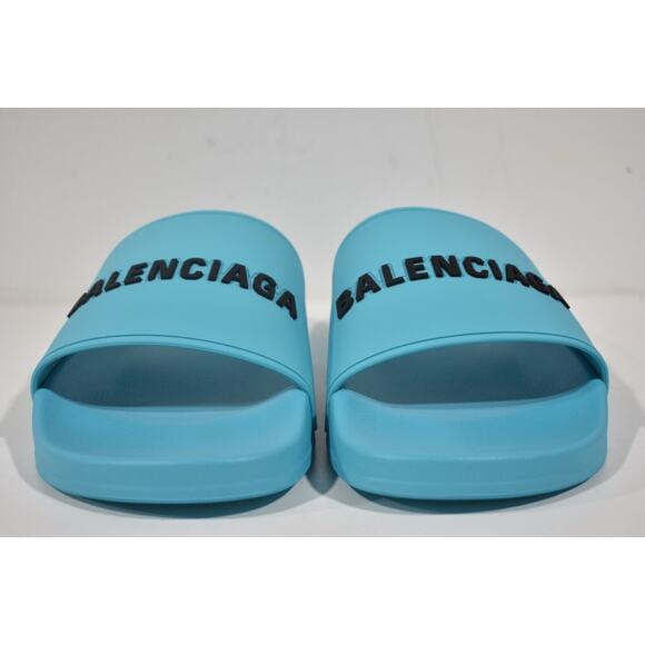 Balenciaga Turquoise Blue Rubber Black Logo Slide Pool Sandal Flip Flop 43 10 - Picture 5 of 12